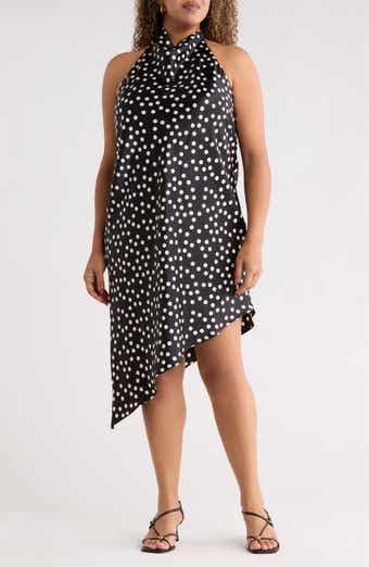 Polka Dot Asymmetric Hem Satin Halter Dress
