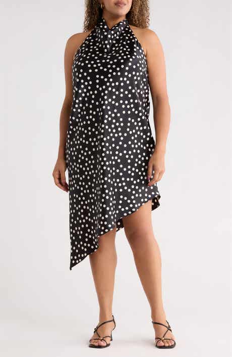 Renee C Polka Dot Asymmetric Hem Satin Halter Dress