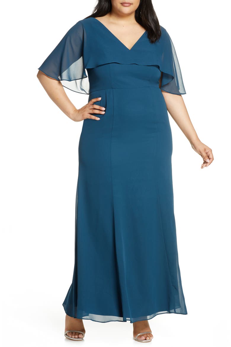 Curve Kelley Chiffon Capelet Gown, Main, color, TEAL