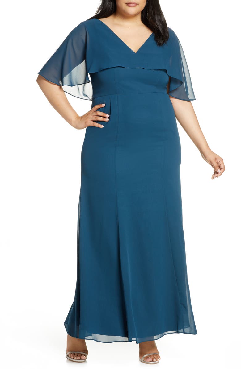 Chi Chi London Curve Kelley Chiffon Capelet Gown, Main, color, 