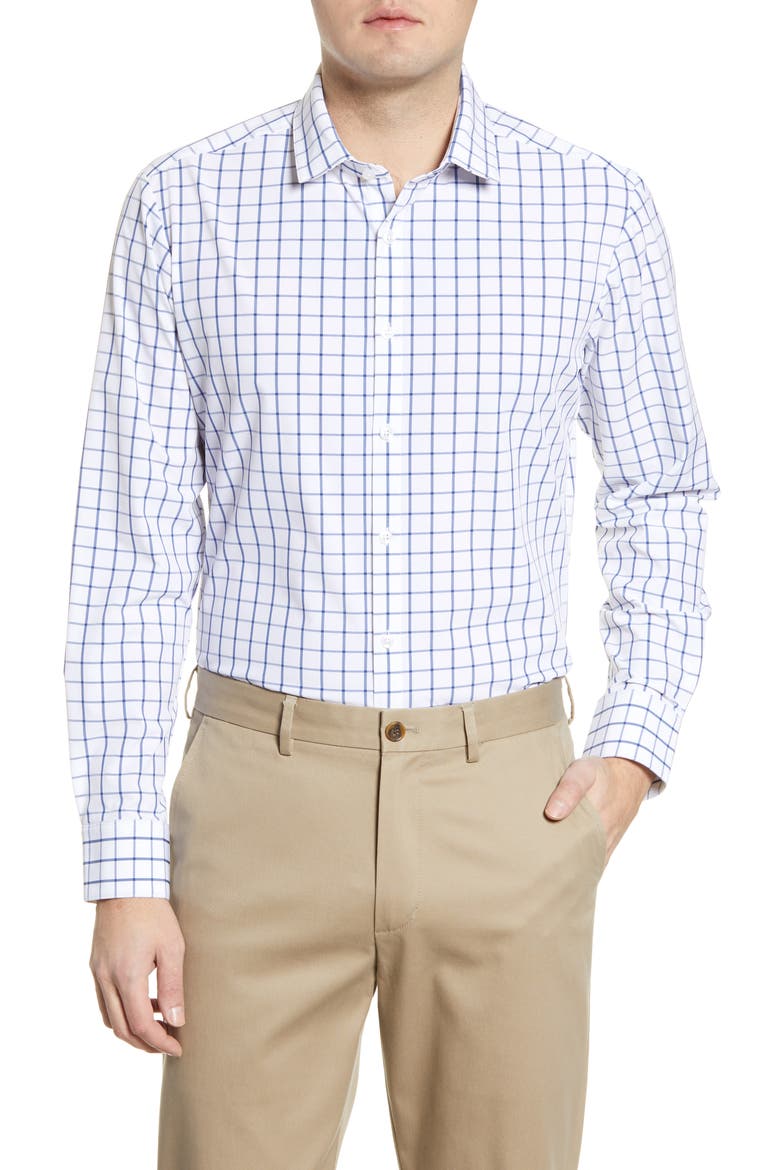 Leeward Trim Fit Check Button-Up Performance Shirt, Main, color, BLUE