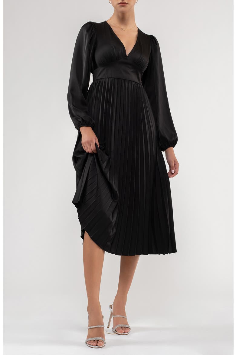 Empire Waist Pleated Satin Midi Dress, Alternate, color, BLACK