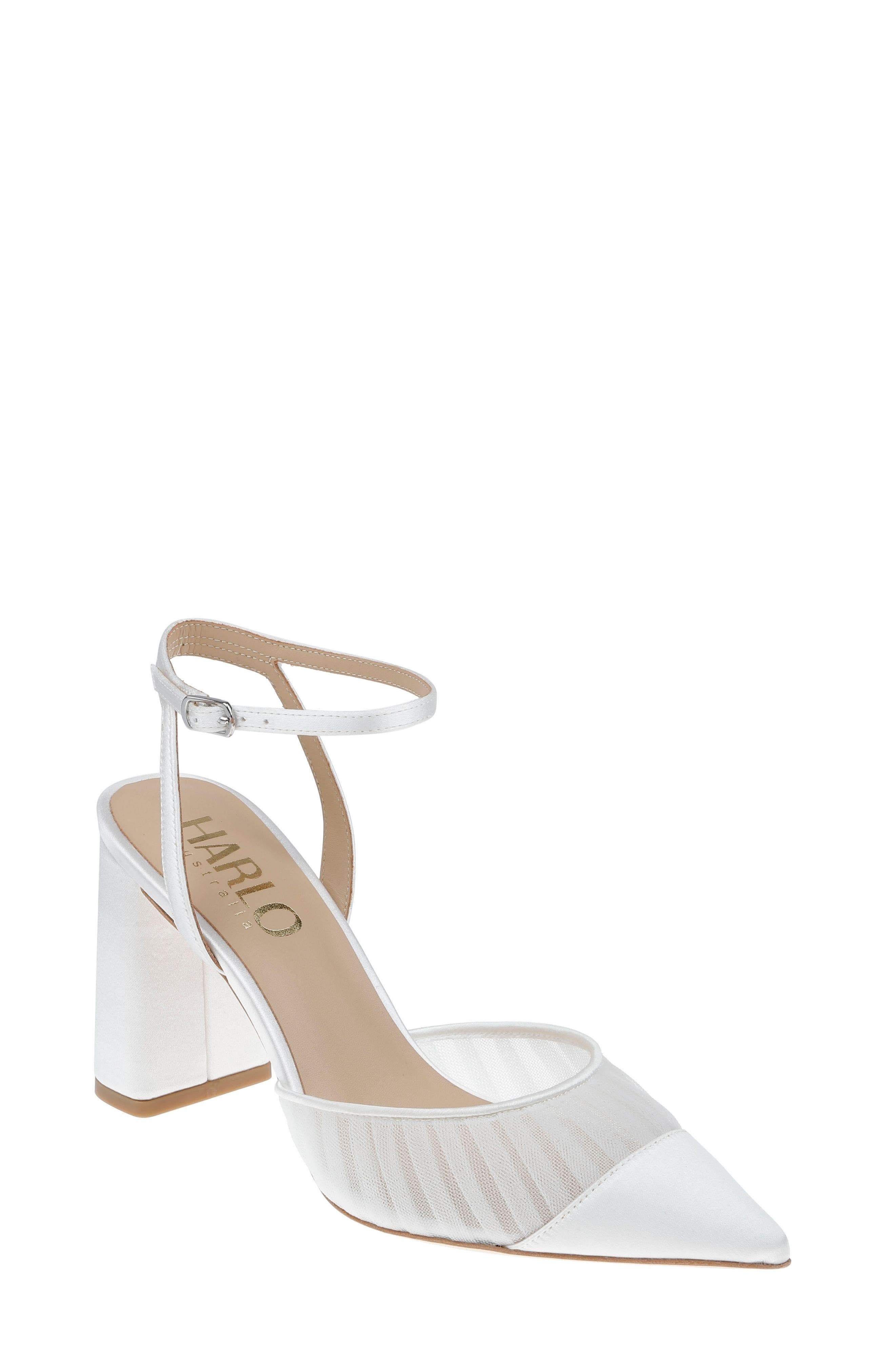HARLO Australia Fallon - Satin Bridal Block Heel with Pleated Tulle Detail, Alternate, color, Soft White Satin