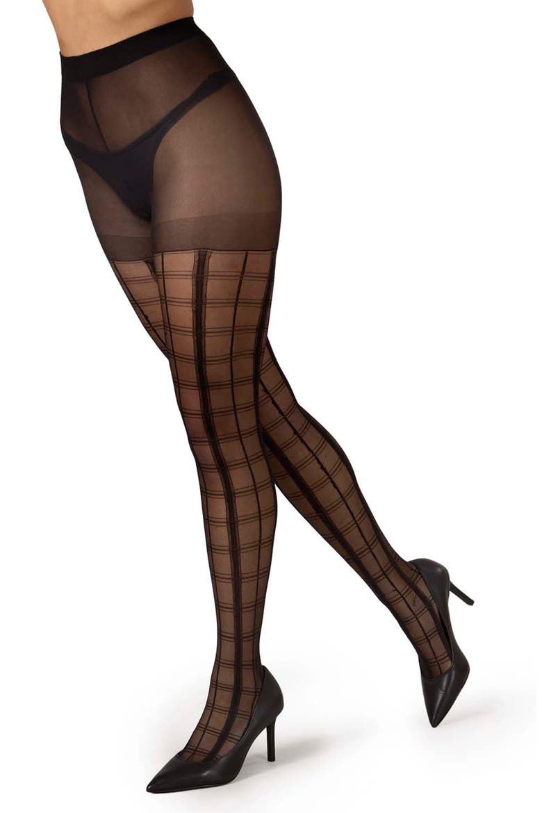 Plaid Sheer Tights, Alternate, color, BLACK