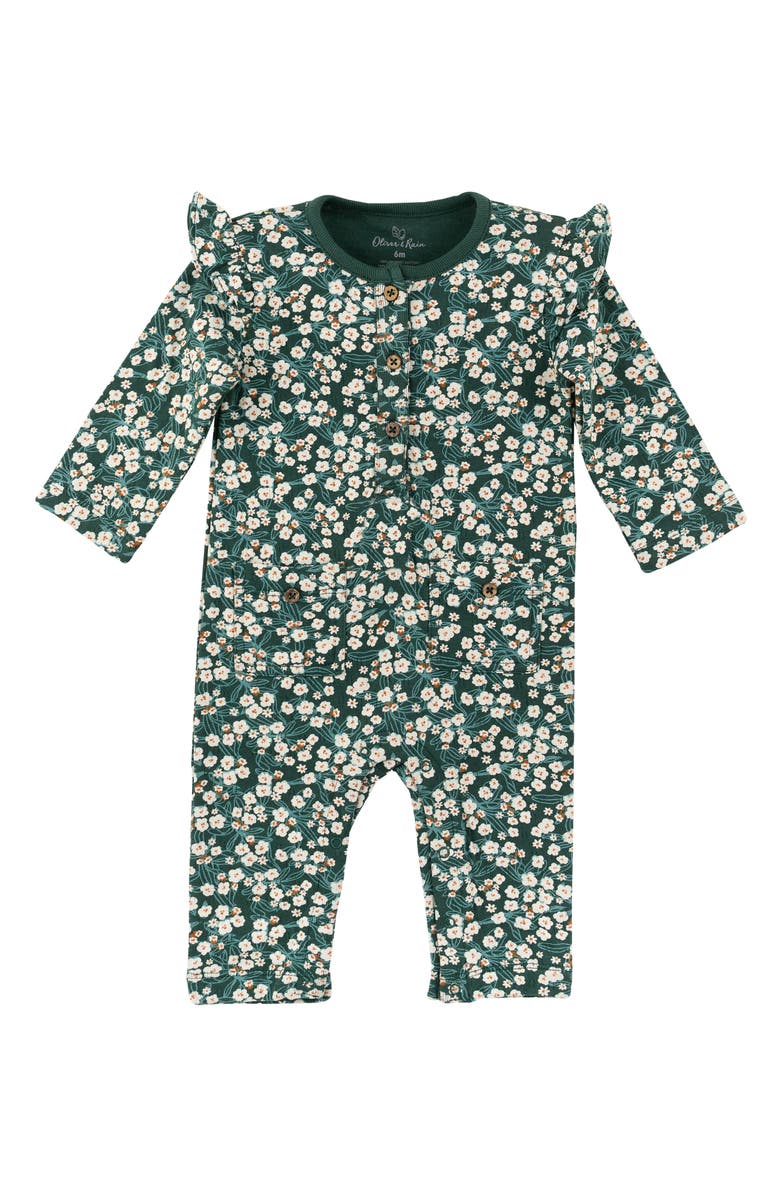 Oliver & Rain Pinecone Ruffle Organic Cotton Romper, Main, color, Evergreen