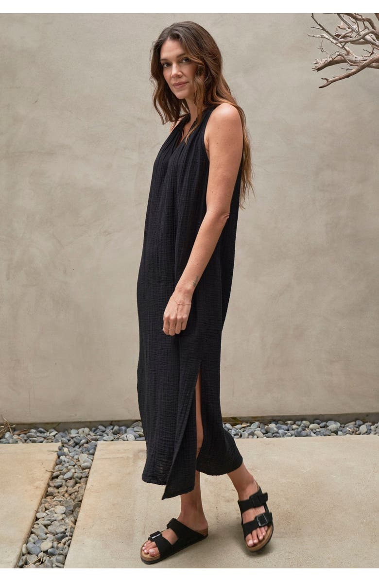 ocean+main Sleeveless Gauze Midi Dress with Pockets, Alternate, color, Black