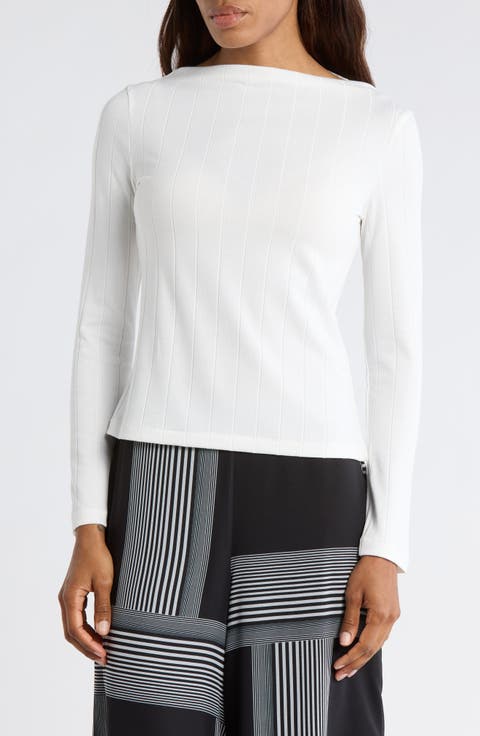 Boat Neck Long Sleeve Ribbed Top