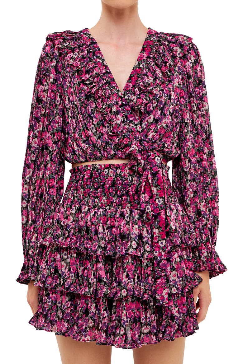 Floral Ruffle Wrap Crop Top, Alternate, color, BLACK/ FUCHSIA