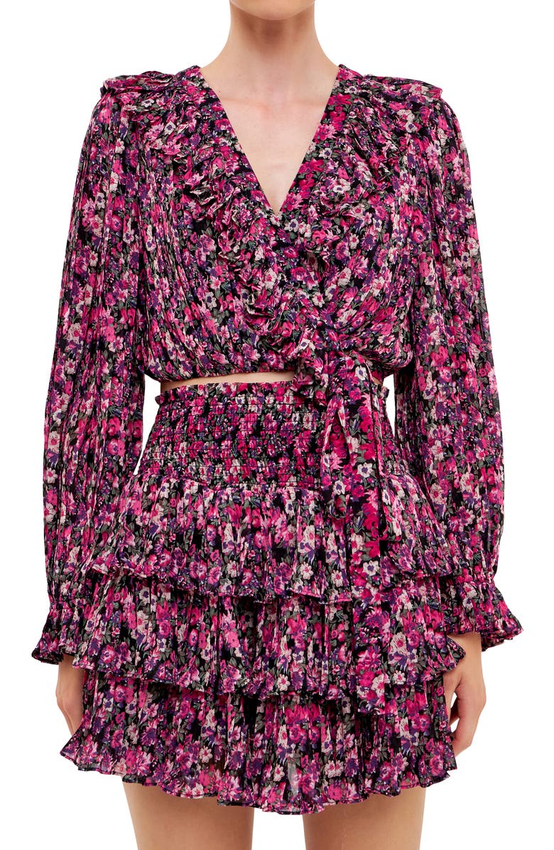 Endless Rose Floral Ruffle Wrap Crop Top, Alternate, color, Black/ Fuchsia