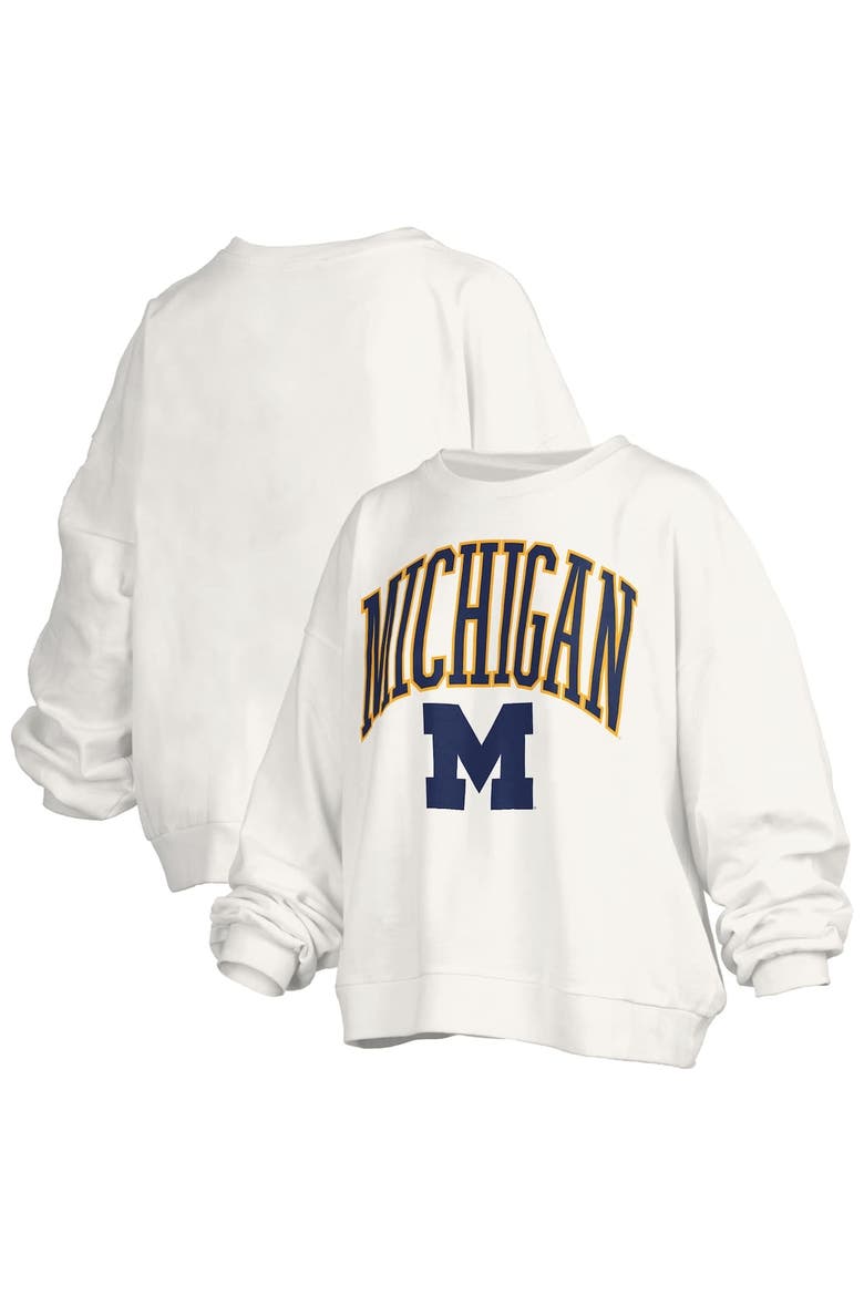 Women's Pressbox White Michigan Wolverines Janise Arch Over Logo Waist Length Oversized Pullover Sweatshirt, Main, color, White