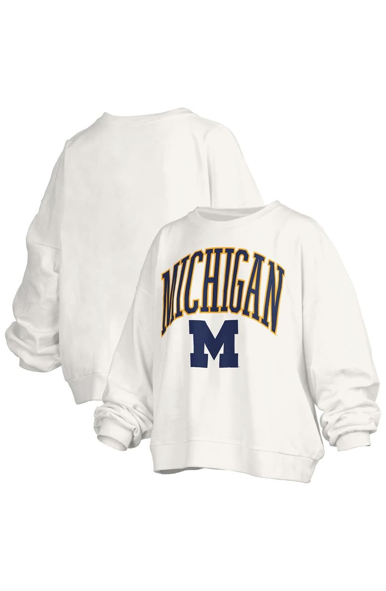 PRESSBOX Women's Pressbox White Michigan Wolverines Janise Arch Over Logo Waist Length Oversized Pullover Sweatshirt, Main, color, White