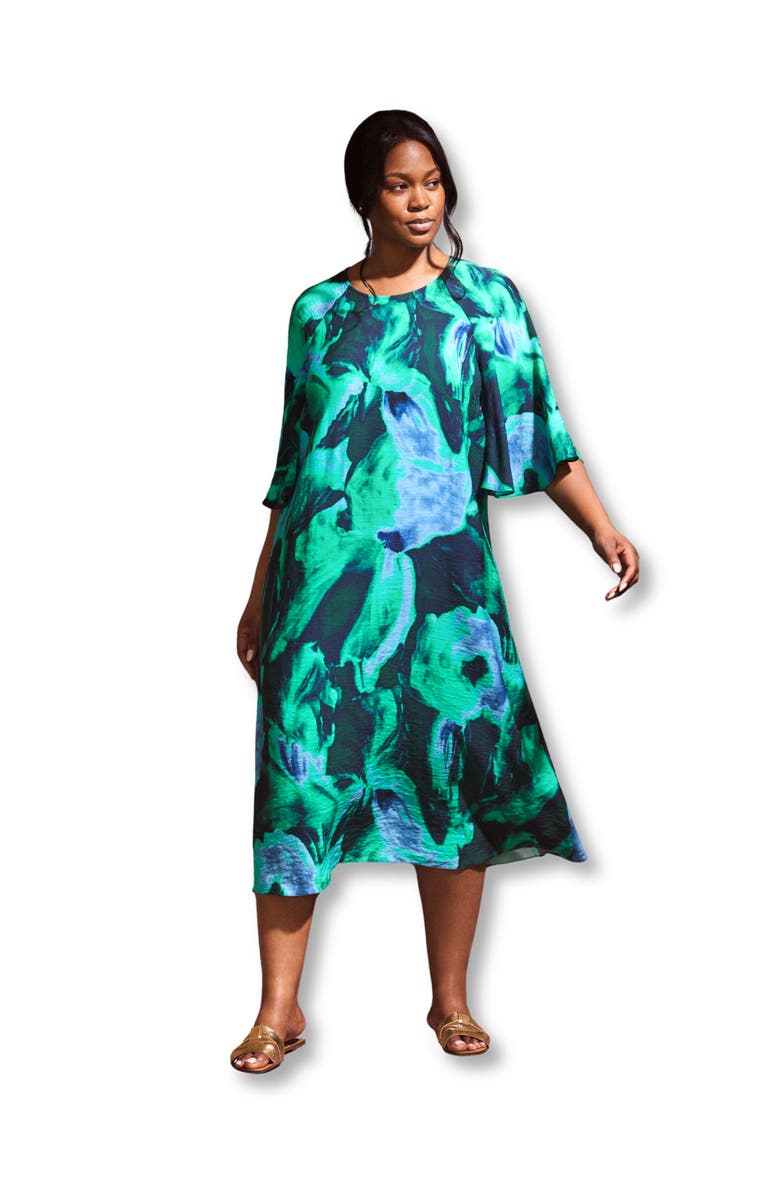 Live Unlimited Green Abstract Print Flutter Sleeve Midi Dress, Main, color,