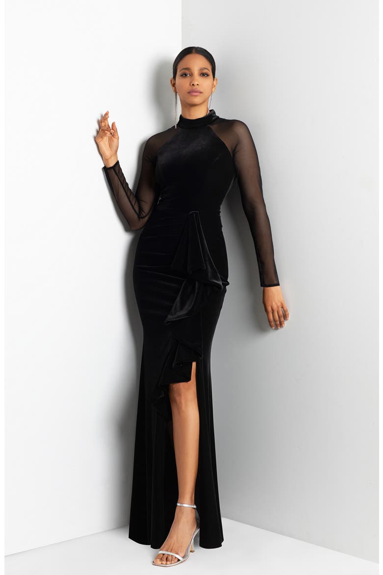 Long Sleeve Mixed Media Sheath Gown, Alternate, color, BLACK
