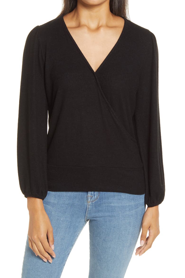 Surplice Blouson Sleeve Wrap Top, Main, color, BLACK