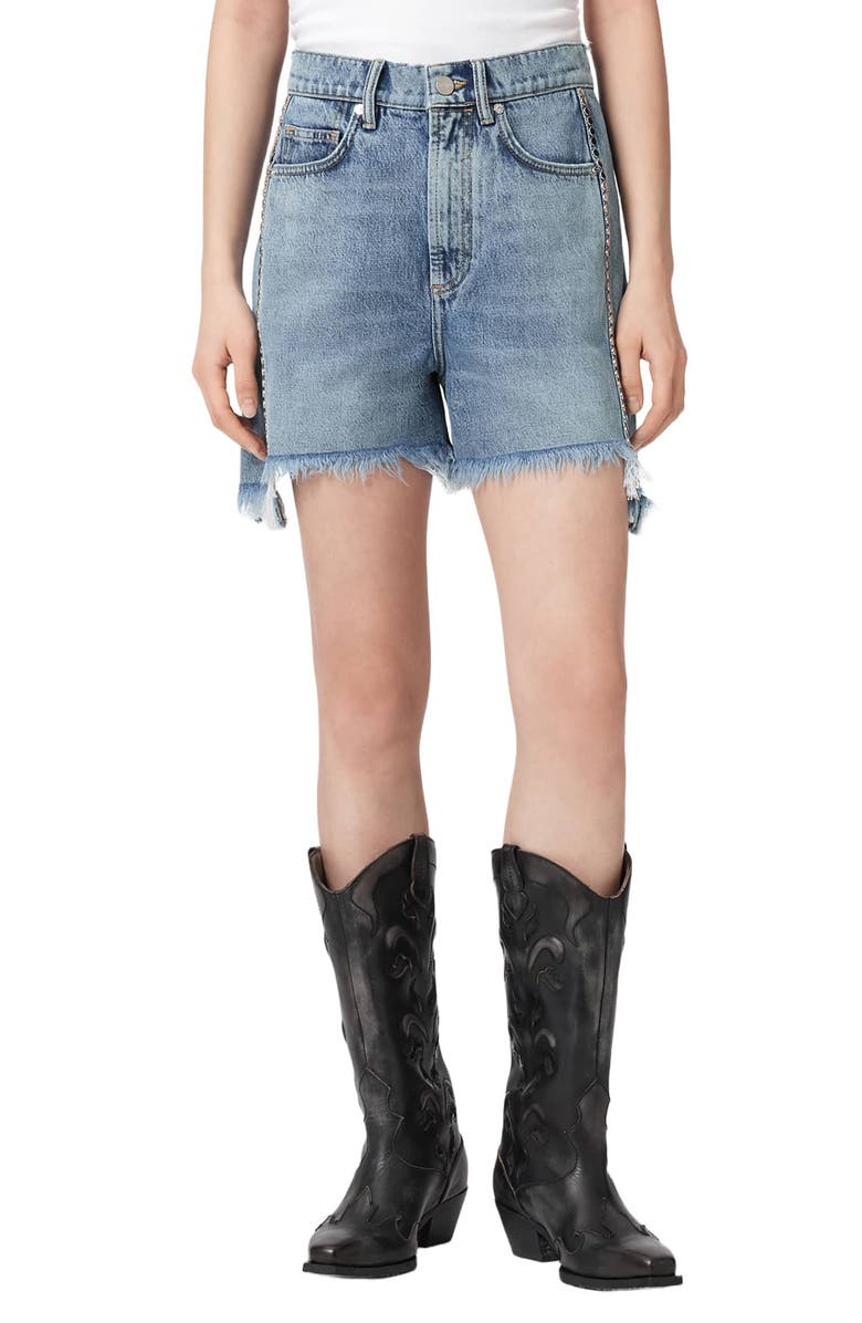 AllSaints Frankie Stud Cutoff Denim Shorts, Main, color, 
