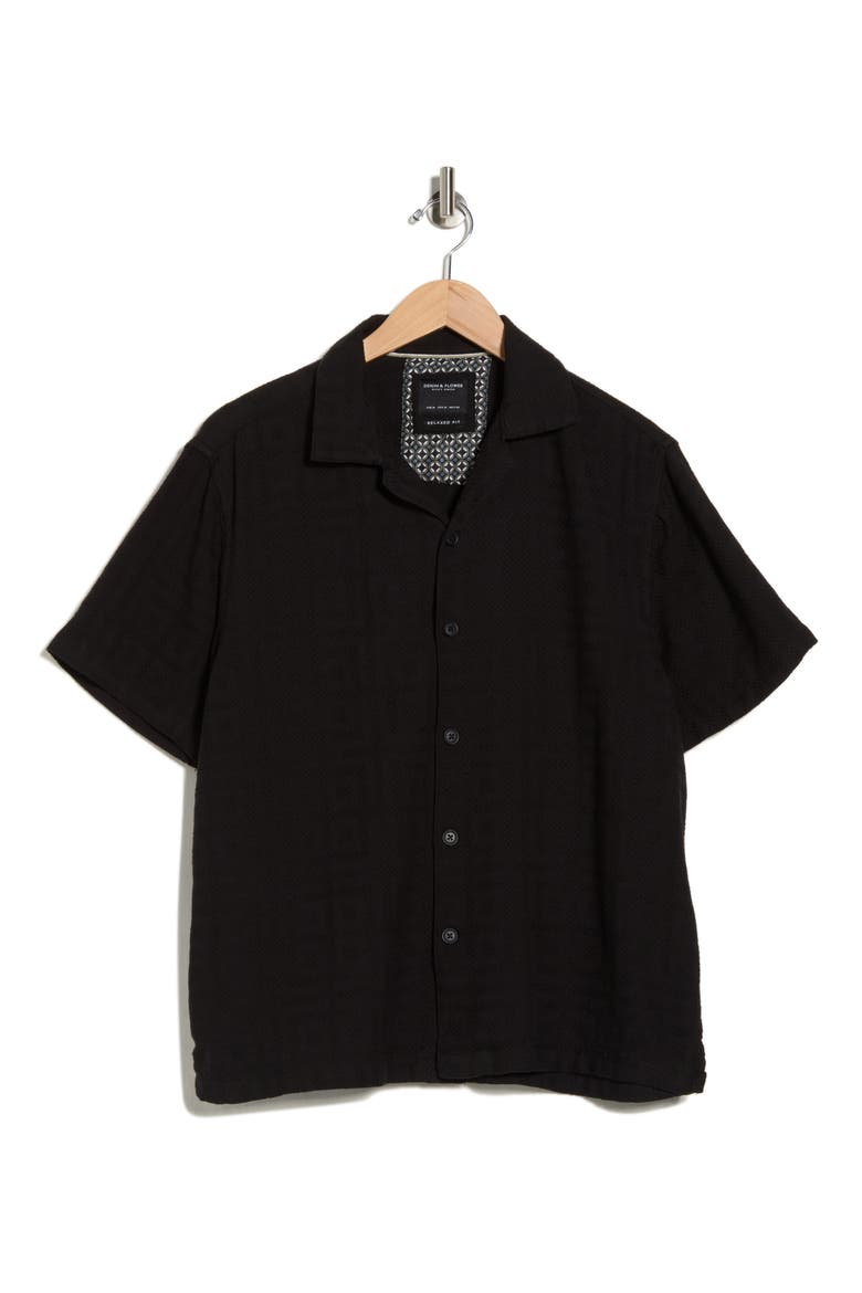 Relaxed Fit Textured Cotton Camp Shirt, Alternate, color, BLACK