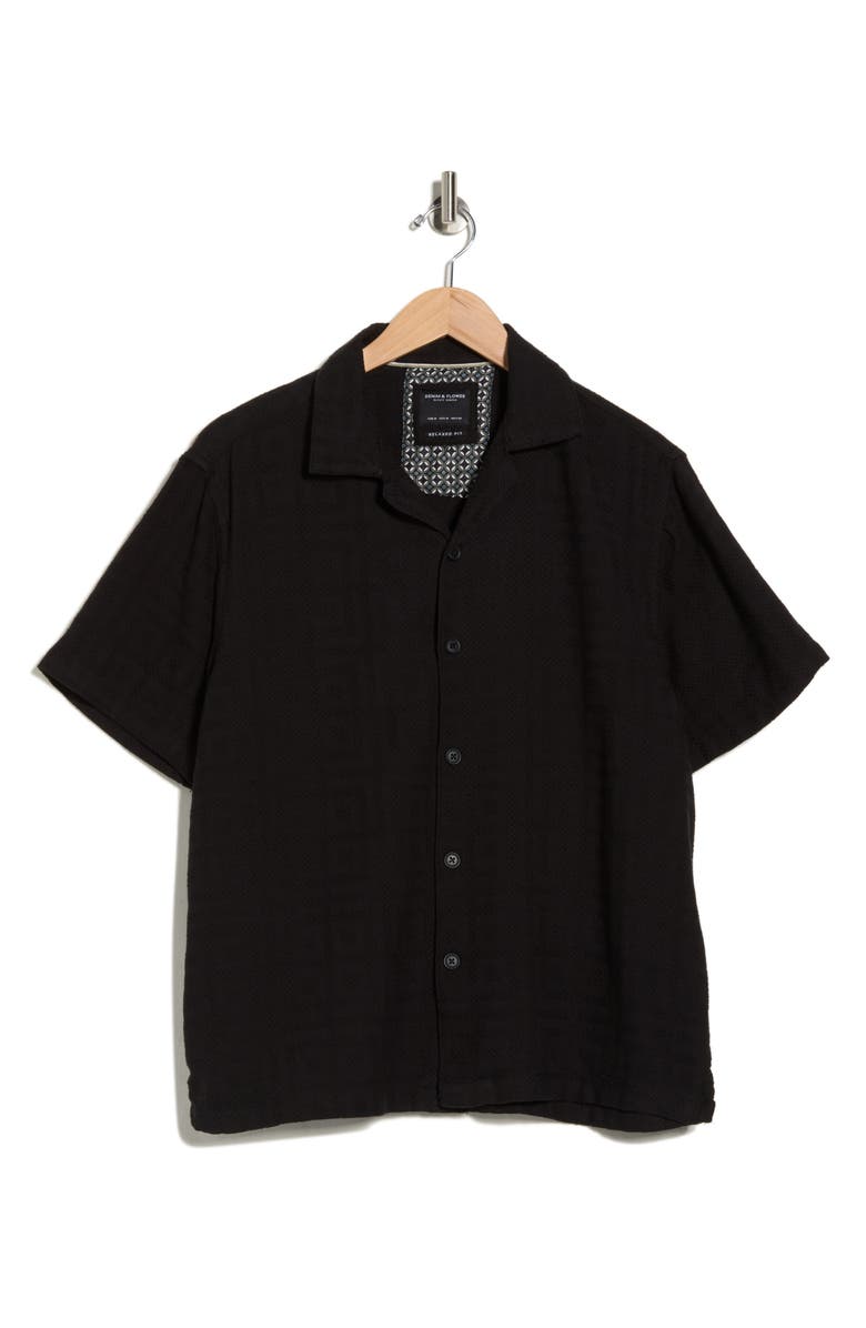 DENIM AND FLOWER Relaxed Fit Textured Cotton Camp Shirt, Alternate, color, Black