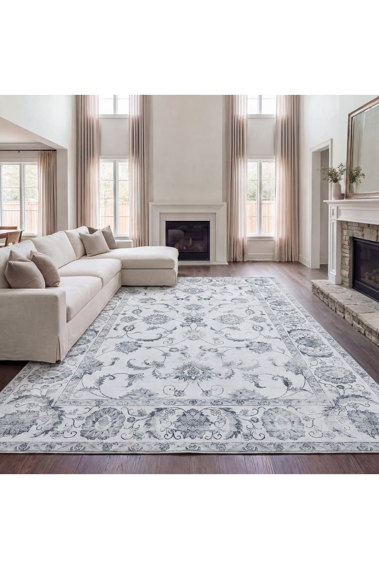 Arabella Vintage Floral Border Non-Slip Machine-Washable Beige/Cream 9 ft. x 12 ft. Area Rug, Alternate, color, Ivory/Gray