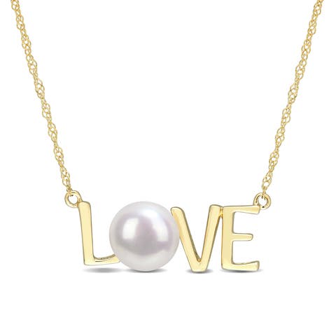 Cultured Pearl "LOVE/MOM" Necklace 10k