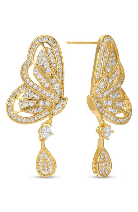 Rose Cubic Zirconia Butterfly Drop Earrings