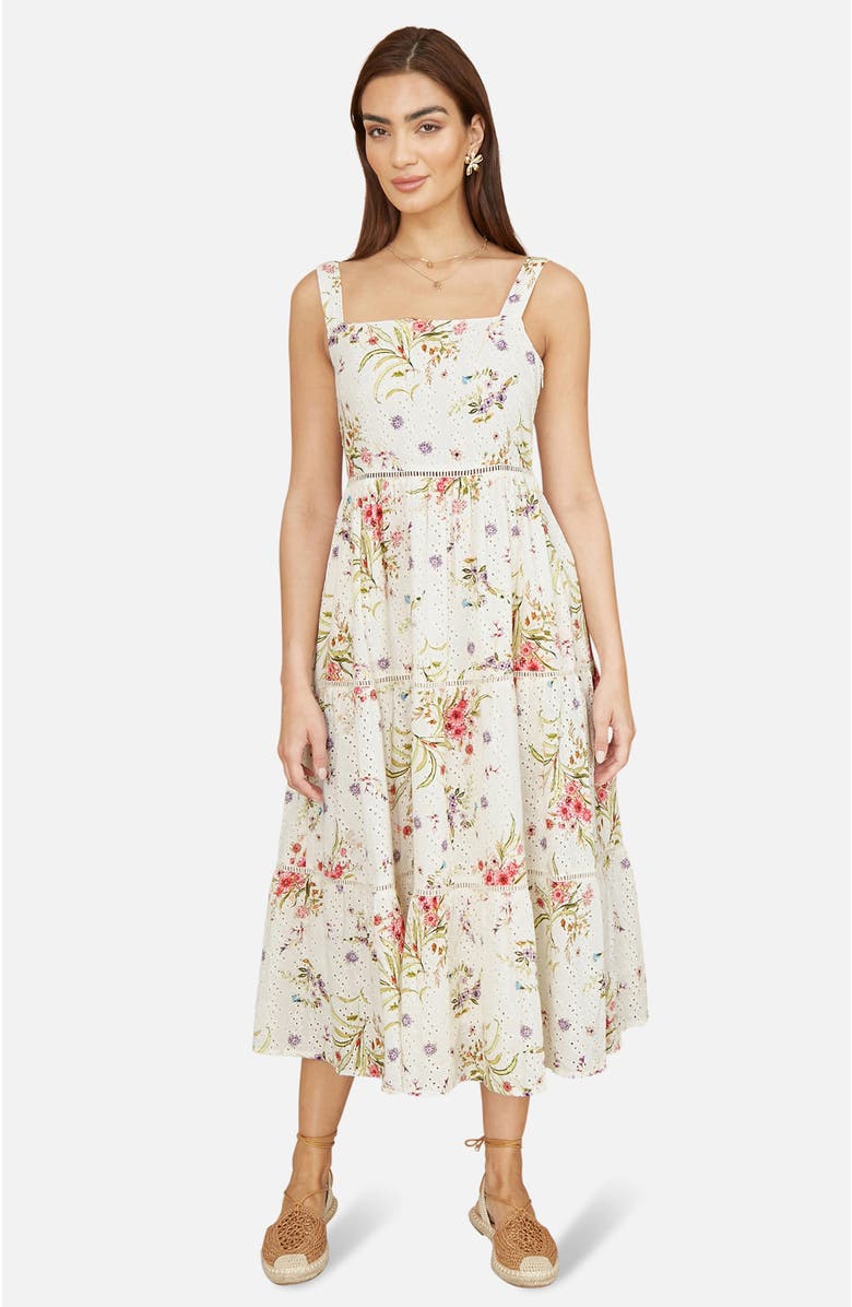 Yumi Floral Broderie Anglaise Midi Sun Dress, Main, color, Ivory