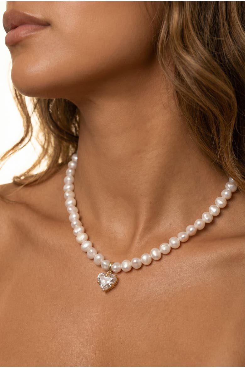 Lola Heart Charm Pearl Necklace & Heart Huggie Earring Gift Set, Alternate, color, Metallic Gold