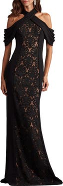 Tadashi Shoji Lace Inset Cold-Shoulder Gown