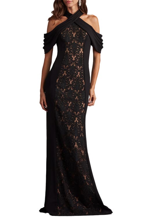 Tadashi Shoji Off-shoulder Lace-embroidered Gown In Black