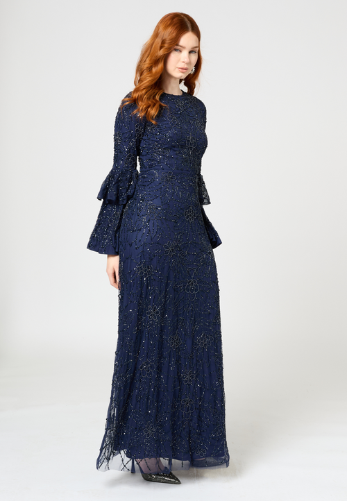 Maryisa Modest Embellished Sequin Beaded Maxi Dress With Frilled Sleeves