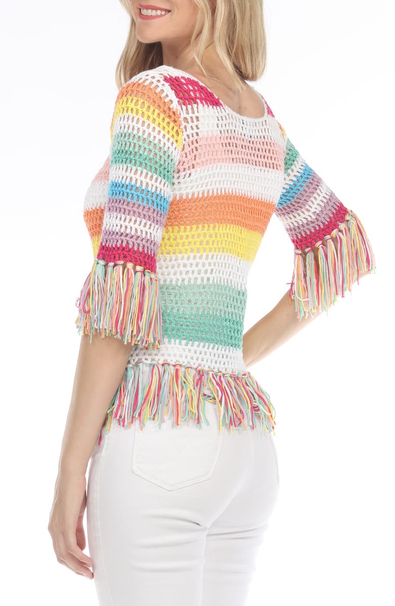 RAIN AND ROSE Three-Quarter Sleeve Rainbow Open Stitch Top, Alternate, color,