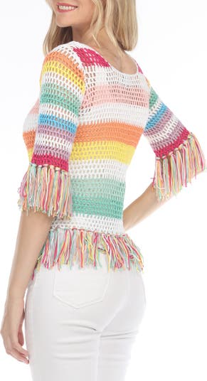 Three-Quarter Sleeve Rainbow Open Stitch Top