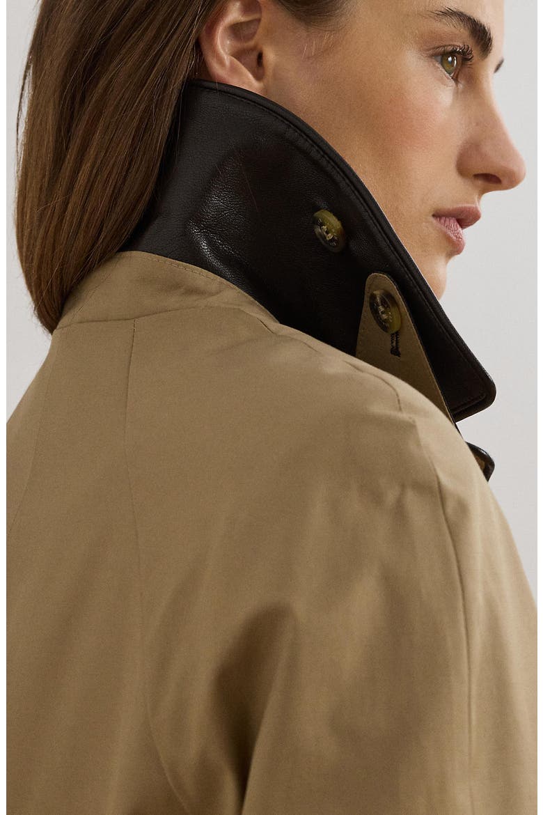 Balmacaan Single Breasted Raincoat with Faux Leather Trim, Alternate, color, SAND