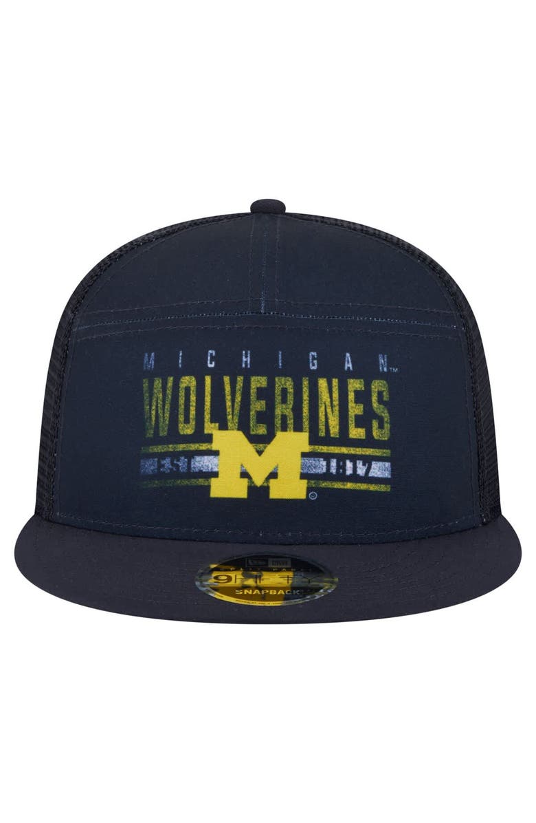 New Era Men's New Era Navy Michigan Wolverines Split Panel 9FIFTY Snapback Trucker Hat, Alternate, color,
