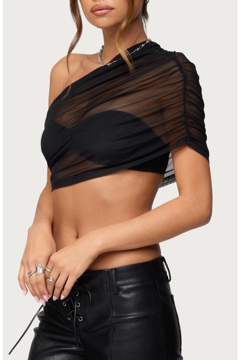 Layered Off the Shoulder Mesh Crop Top, Alternate, color, BLACK