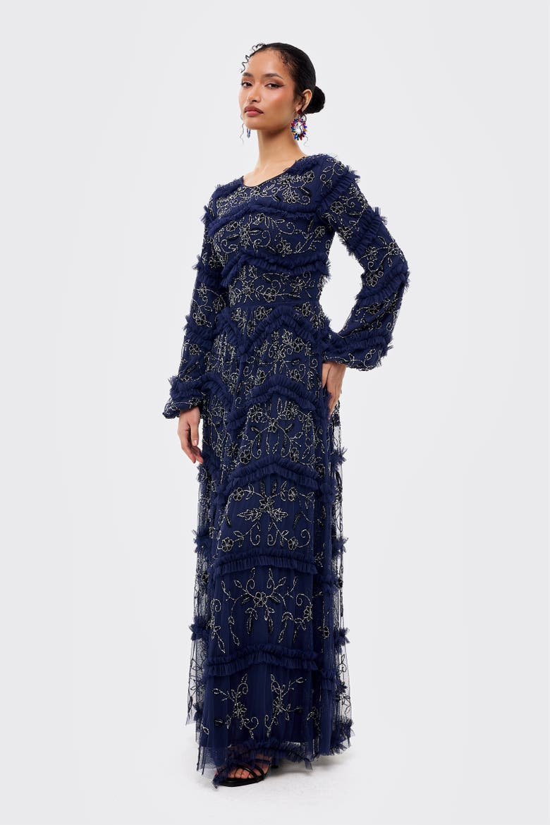 Modest Embellished Sequins Ruffle Maxi Dress, Alternate, color, Mid Night Blue