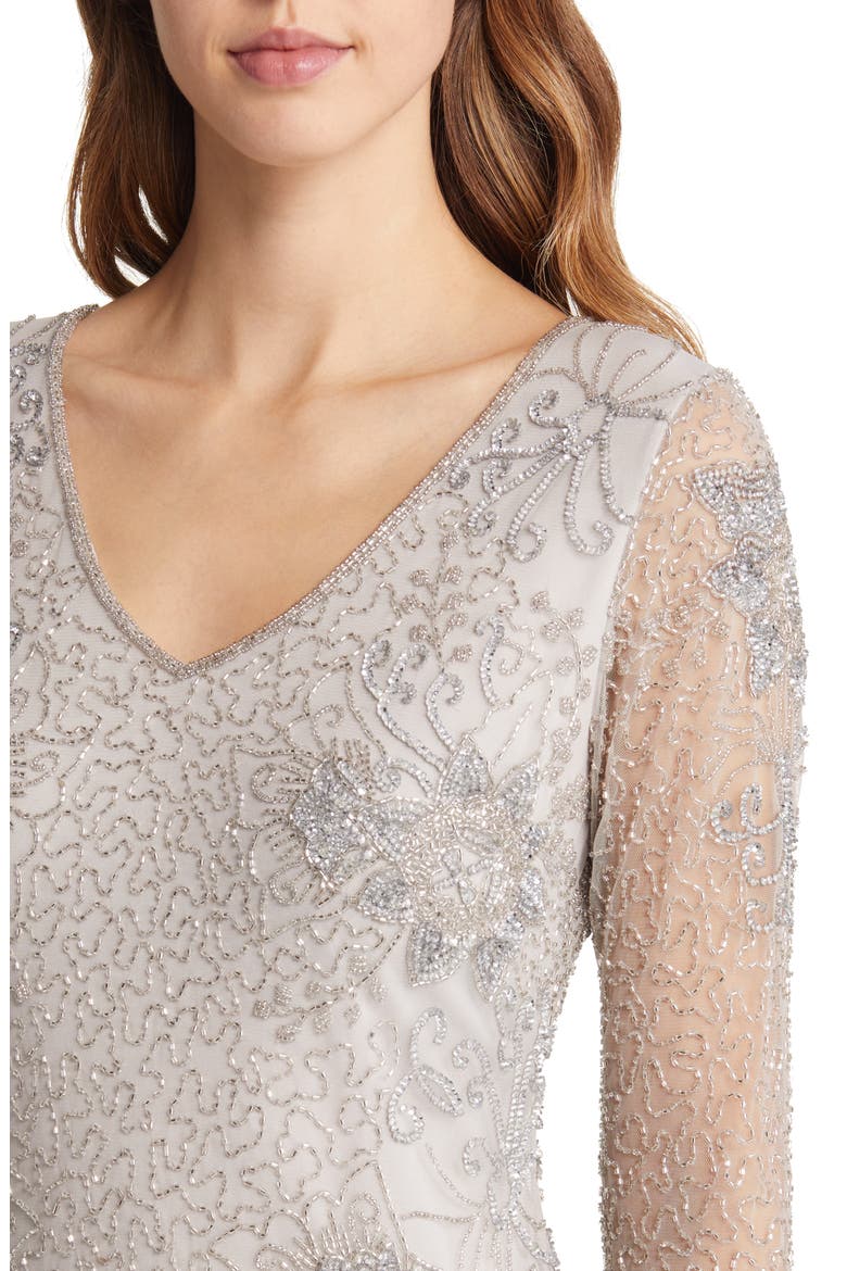 Beaded V-Neck Cocktail Dress, Alternate, color, SILVER