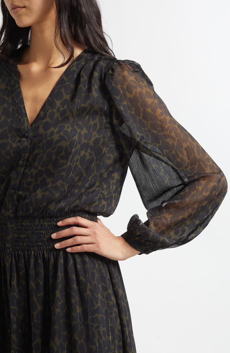 Ramy Brook Teresa Metallic Belted Long Sleeve Maxi Dress, Alternate, color, Black / Deep Olive Foliage