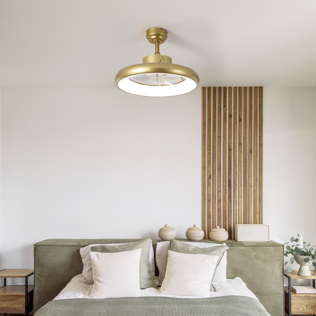 Oval Air Loren 20" Modern Contemporary 6-speed Metal Mobile-app/remote-controlled Dimmable Smart Int In Gold Painting
