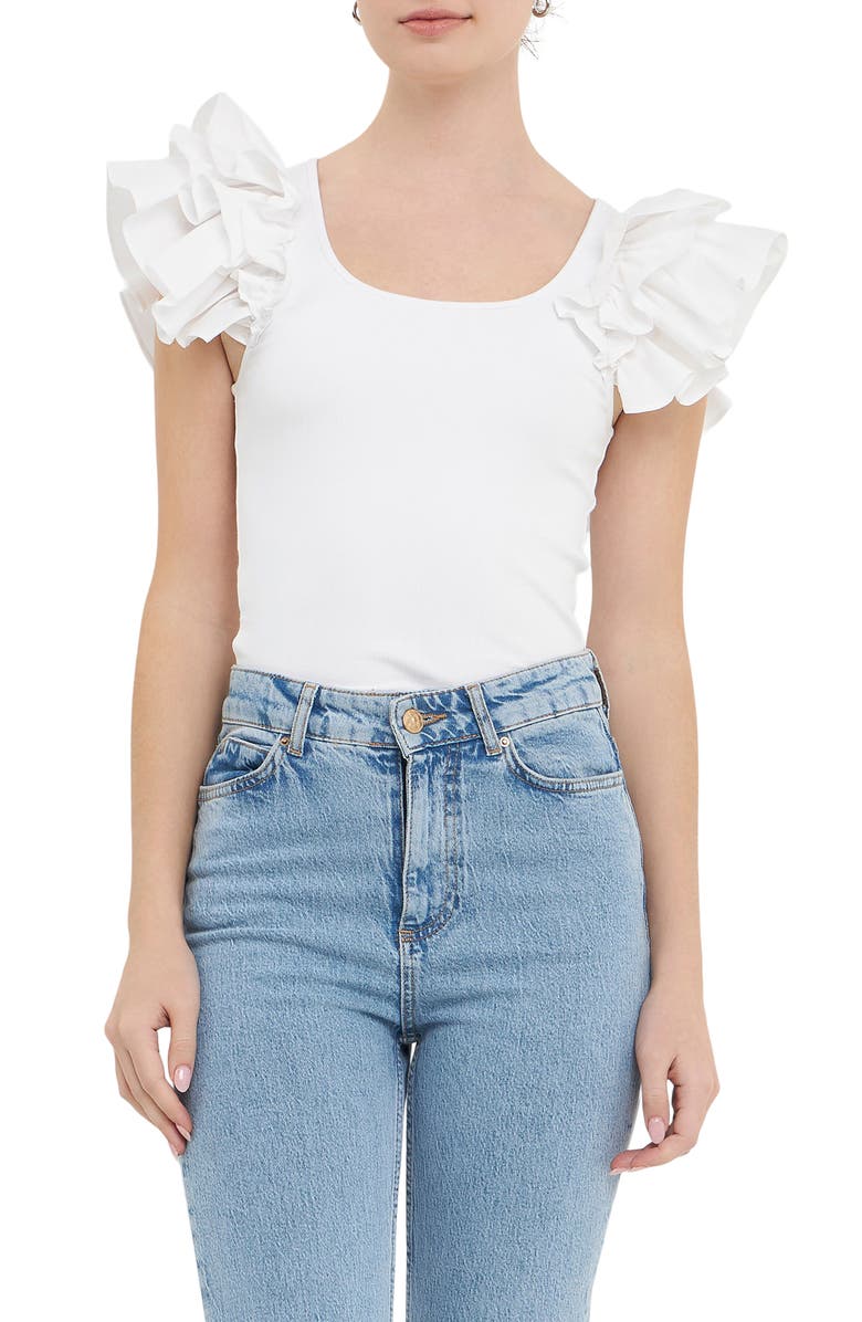 English Factory Ruffle Sleeve Rib Top, Main, color, 