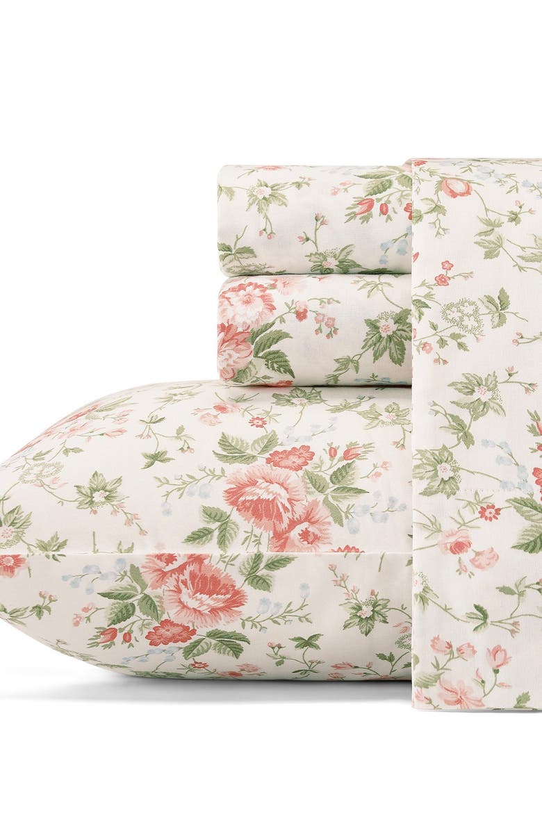 Laura Ashley Lilian Pastel Red Cotton Sateen Queen Sheet Set, Main, color, Coral