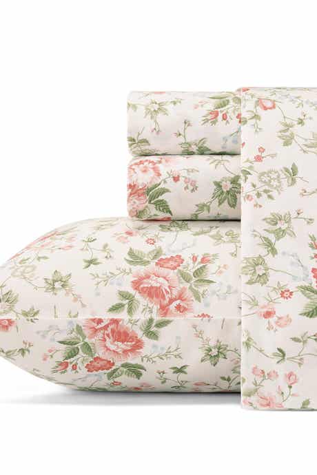Laura Ashley Lilian Pastel Red Cotton Sateen Queen Sheet Set
