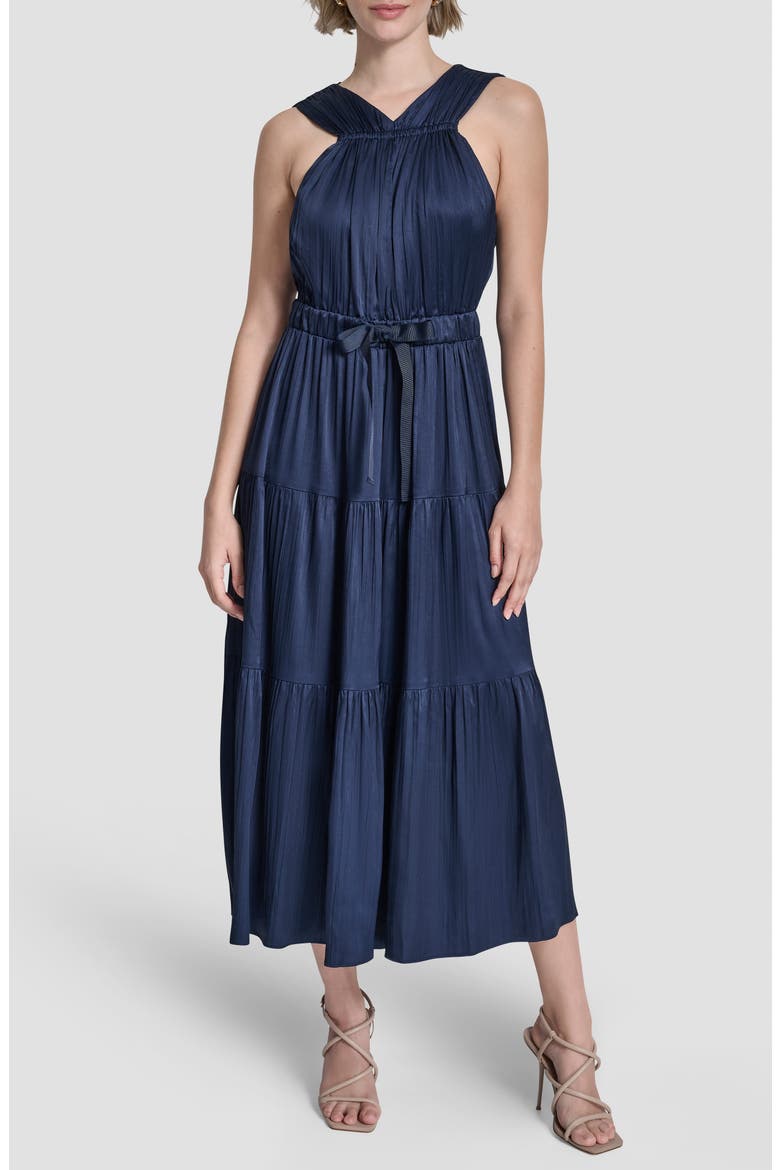 pleated tie waist dress Pleated Spaghetti Strap Tie Waist Midi Dress Cobald Blue / XL