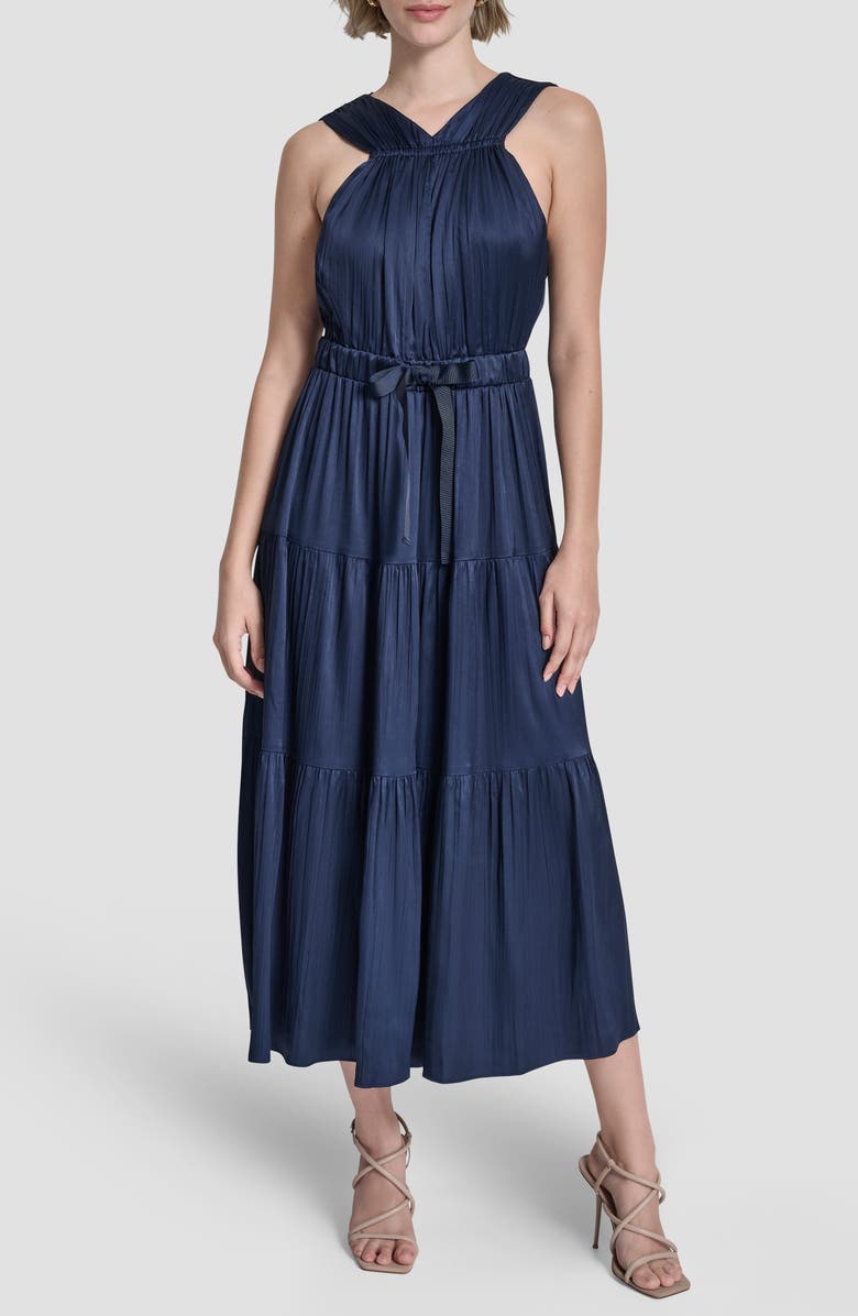 DKNY Pleated Tie Waist Satin Midi Dress, Main, color, Hudson Blue