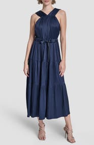 DKNY Pleated Tie Waist Satin Midi Dress