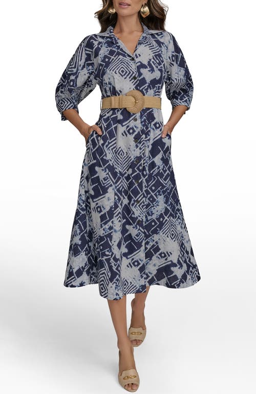 Shop Donna Karan New York Print Belted Long Sleeve Linen Blend Maxi Shirtdress In Ink Multi