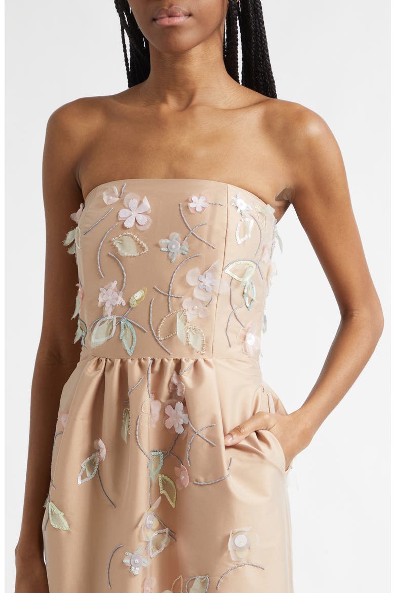 Lena Beaded Appliqué Strapless Dress, Alternate, color, CLEMATIS EMBROIDERY ON BEIGE