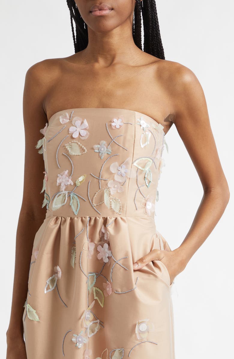 BERNADETTE Lena Beaded Appliqué Strapless Dress, Alternate, color, Clematis Embroidery On Beige