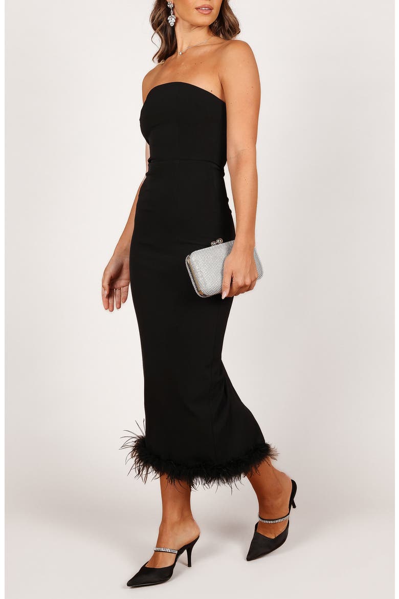 Clara Feather Trim Strapless Cocktail Midi Dress, Alternate, color, BLACK