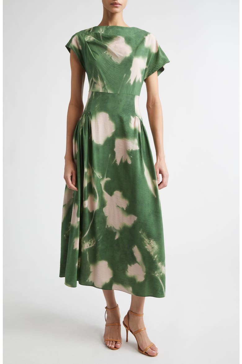 Abstract Floral Draped Crepe A-Line Midi Dress, Main, color, CACTUS