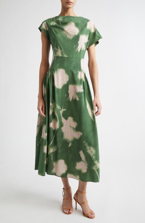 Abstract Floral Draped Crepe A-Line Midi Dress